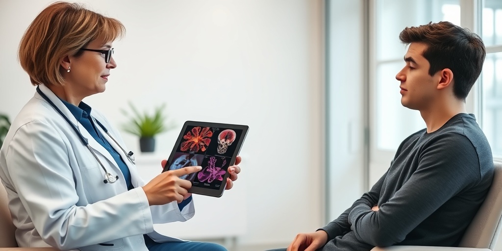 A doctor explains Recurrent Multiple Myeloma diagnosis to a concerned patient using a digital tablet in a bright office.3.png