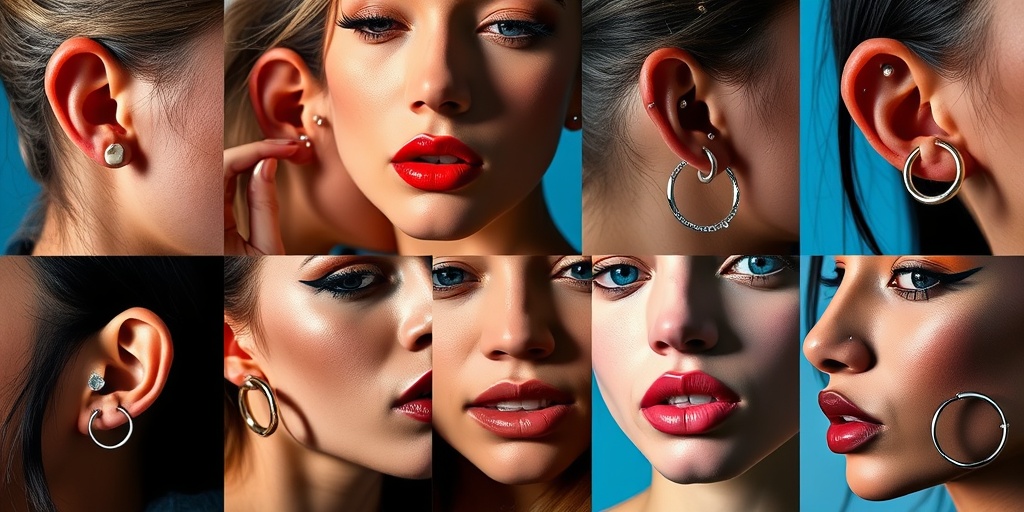 A dynamic collage of individuals showcasing the latest piercing trends, with dramatic lighting enhancing their unique styles against a blue background. 5.png