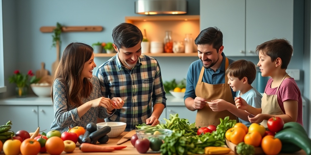A family cooks together in a colorful kitchen, emphasizing nutrition and bonding, with warm lighting and a serene blue backdrop.  5.png