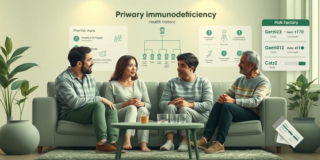 A family discusses health history in a cozy living room, with a family tree and genetic testing kits subtly integrated into the scene.3.png