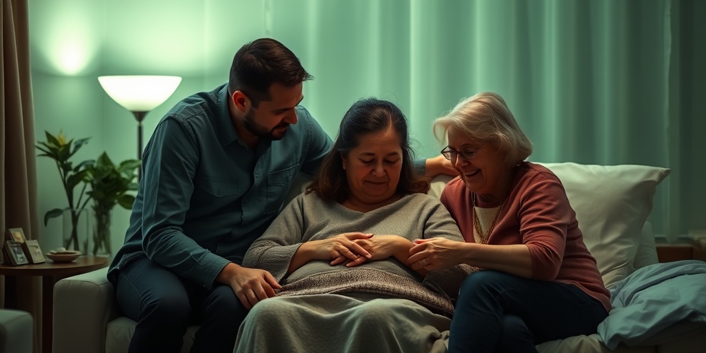 A family gathers around a loved one in hospice, sharing memories and love in a softly lit, serene atmosphere.5.png