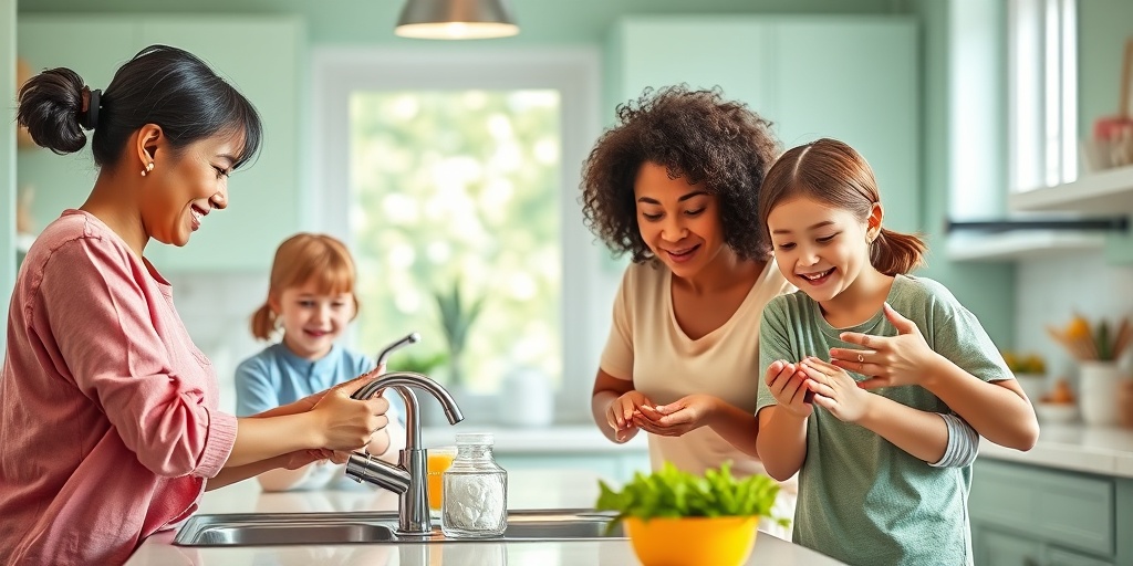 A family practices handwashing in a bright kitchen, promoting hygiene and community awareness against CMV.  5.png