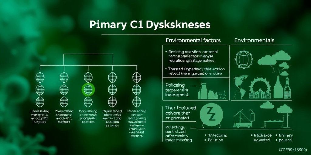 A family tree illustrating genetic markers and environmental factors related to Primary Ciliary Dyskinesia, with a green and blue color palette.3.png