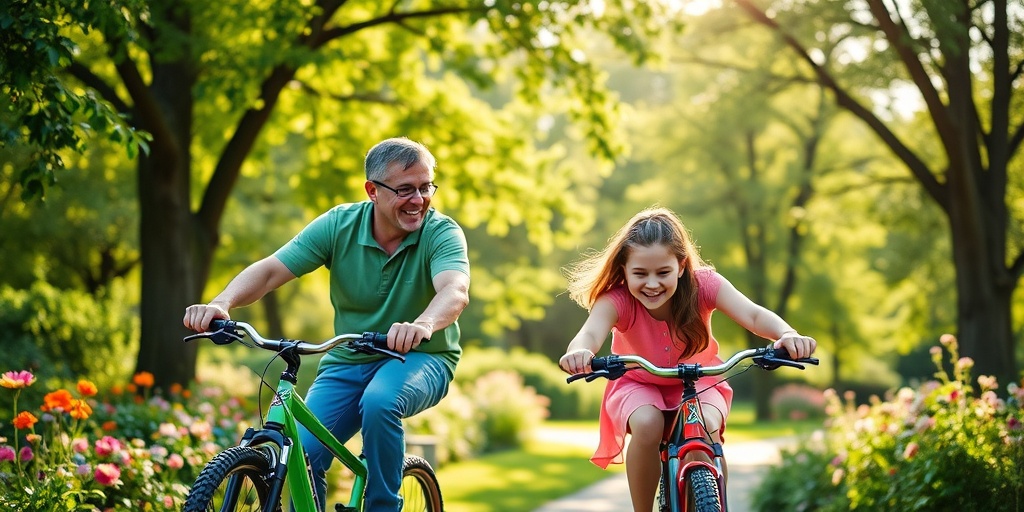 A father and daughter enjoy biking in a park, surrounded by greenery, promoting outdoor activities to prevent Type 2 Diabetes.  5.png
