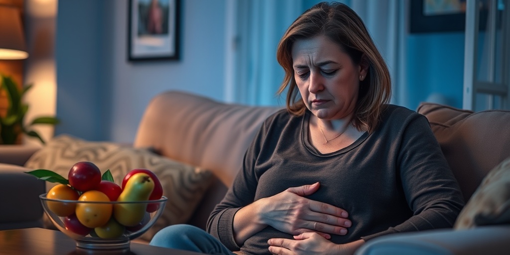 A fatigued woman sits in a cozy room, reflecting discomfort from Listeria infection symptoms, surrounded by fresh fruit.  2.png