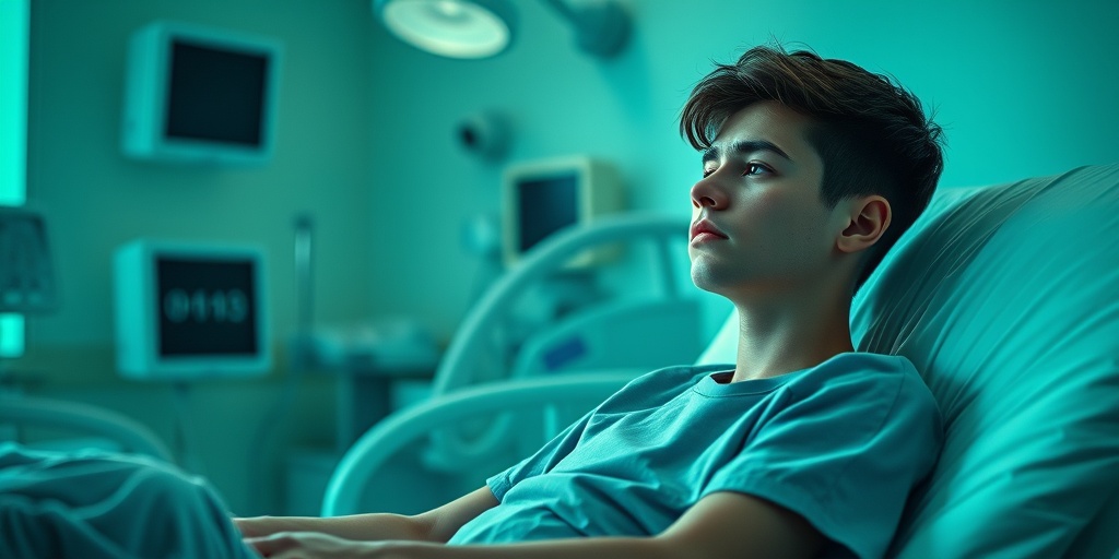 A fatigued young adult sits on a hospital bed, reflecting on CMV symptoms with a concerned expression.  2.png