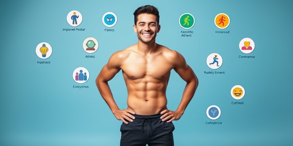 A fit individual confidently displays their toned midsection, surrounded by icons representing health benefits and empowerment.  2.png