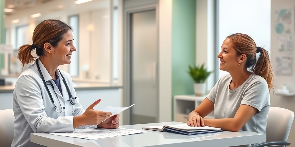 A healthcare professional compassionately discussing Bacterial Vaginosis treatment options with an engaged patient in a modern clinic.  4.png