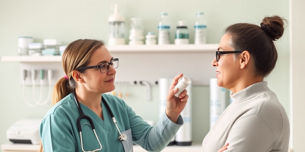 A healthcare professional demonstrates inhaler use to an attentive patient, surrounded by treatment tools in a calming medical setting.  4.png