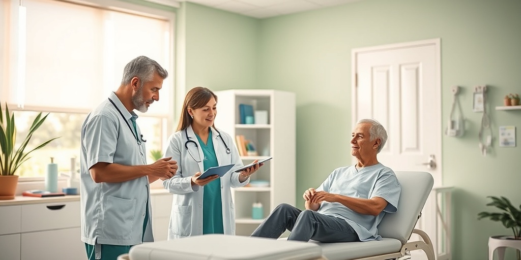 A healthcare professional demonstrates treatment options to a patient in a bright clinic, emphasizing healing and support. 4.png