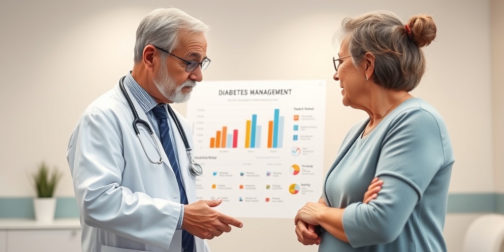 A healthcare professional discusses diabetes management with a patient, creating a reassuring atmosphere in a well-lit clinic.  4.png
