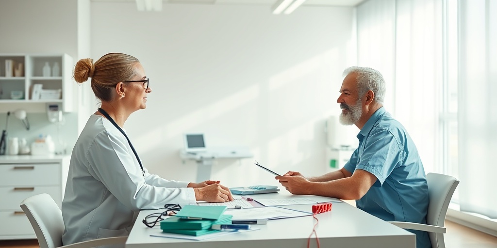 A healthcare professional discusses treatment options with a patient in a modern clinic, surrounded by calming colors and medical equipment.  4.png