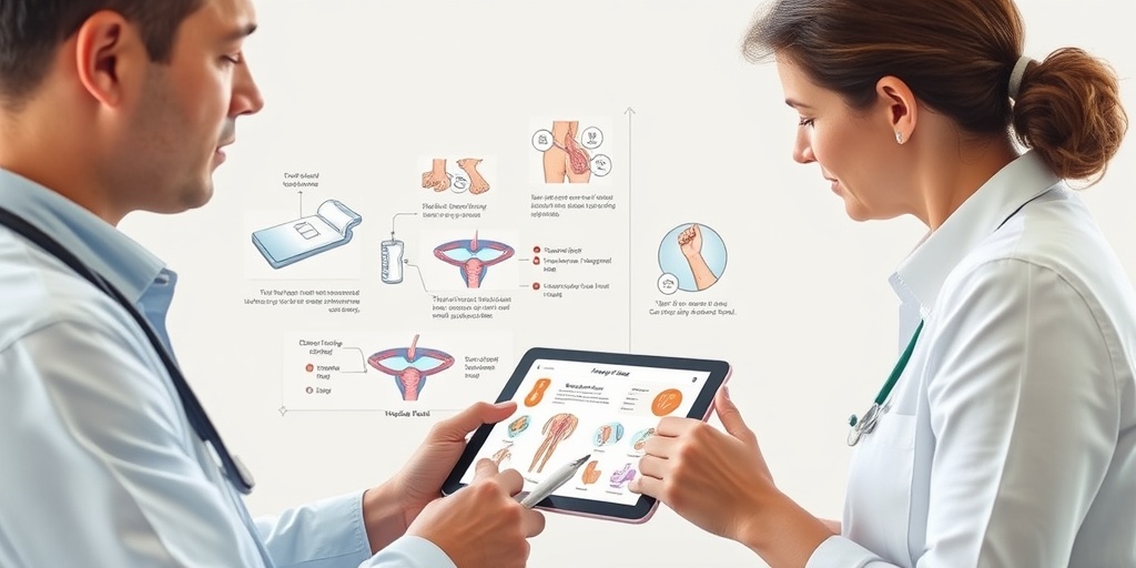 A healthcare professional discussing hydrocele treatment options with a patient, featuring diagrams and a modern, bright setting.  4.png