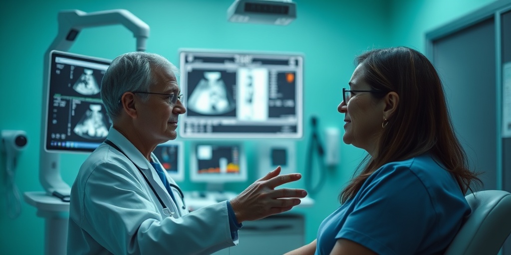 A healthcare professional examining a patient in a modern clinic, showcasing diagnostic tools for protein losing conditions.  4.png