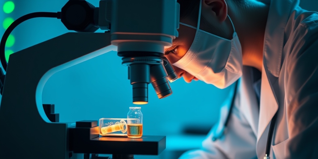 A healthcare professional examining cerebrospinal fluid under a microscope, illuminated in a sterile laboratory environment.3.png