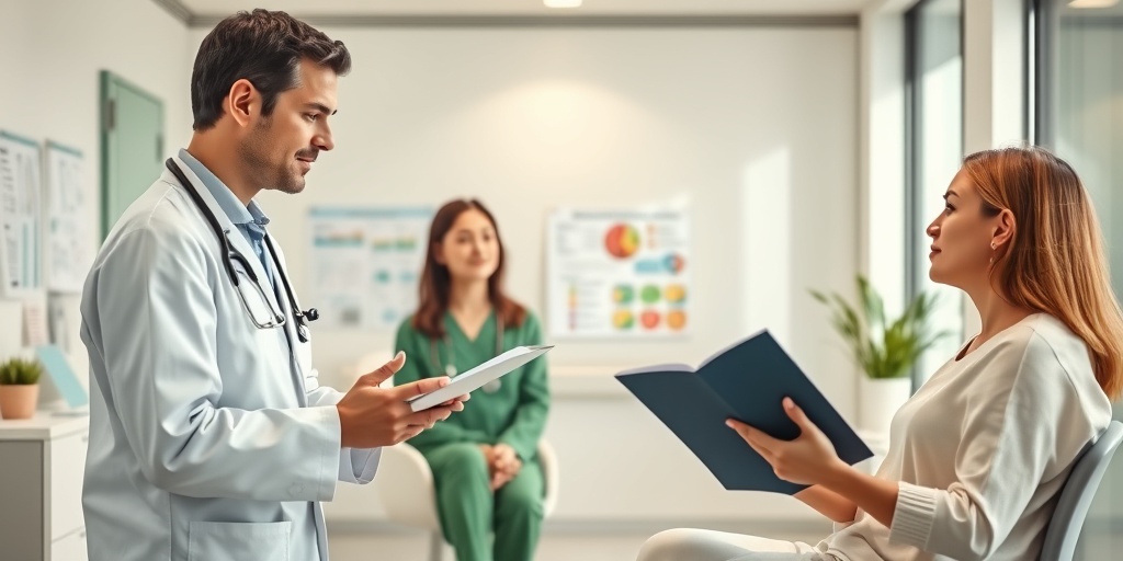 A healthcare professional explains treatment options to a patient in a modern clinic, surrounded by medical charts and guides.  4.png