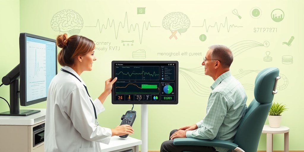 A healthcare professional guides a patient through biofeedback, showcasing graphs and heart rate monitors in a bright environment.  2.png