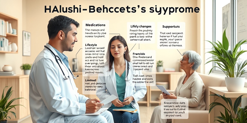 A healthcare professional guiding a patient through treatment options for Halushi-Behcet's Syndrome in a welcoming clinic.  4.png