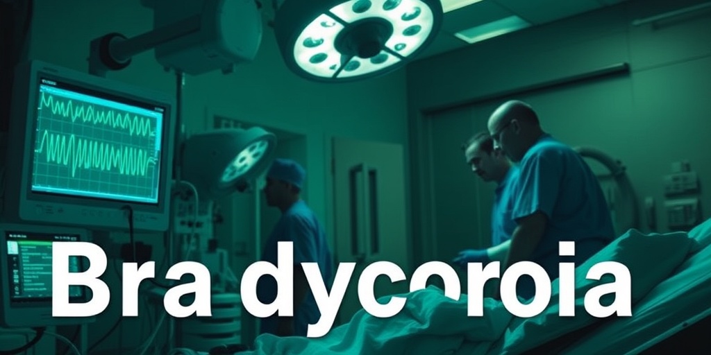 A hospital scene depicting a patient monitored for bradycardia, with medical equipment showing irregular heart rhythms and urgency.  4.png