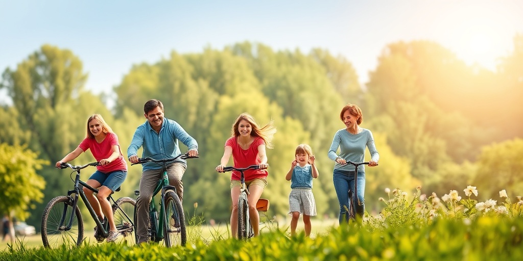 A joyful family cycles and gardens outdoors, promoting healthy lifestyles to prevent familial emphysema in a lush green park.  5.png