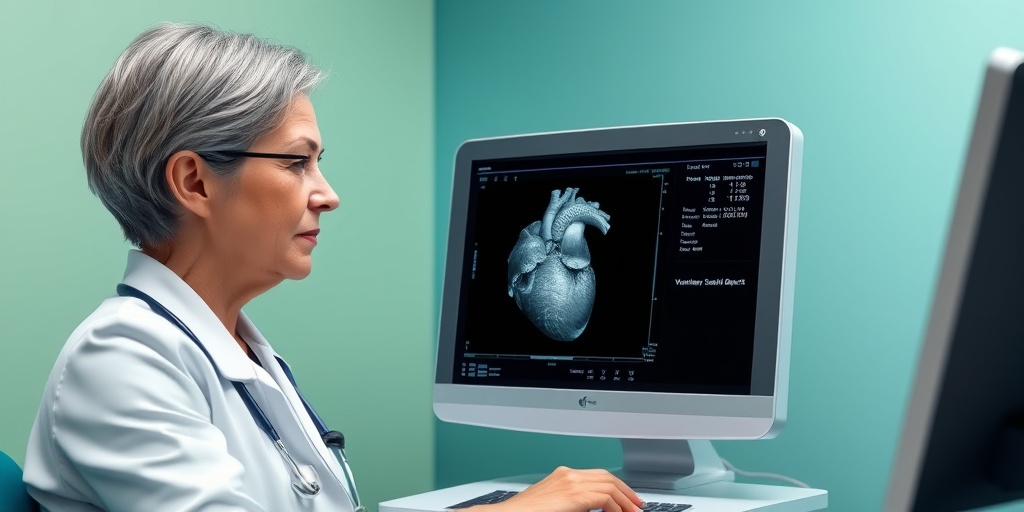 A medical professional analyzing an echocardiogram, focusing on the heart's structure and the ventricular septal defect.  3.png
