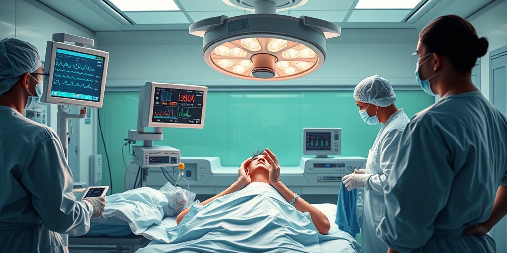 A medical team attending to a patient in a hospital, with monitors displaying vital signs and a calming color scheme.  4.png
