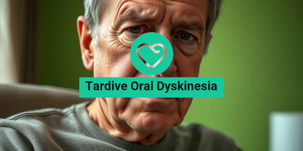 A middle-aged person displays Tardive Oral Dyskinesia symptoms, highlighting involuntary facial movements in a calm, softly lit room. • Yesil Health AI