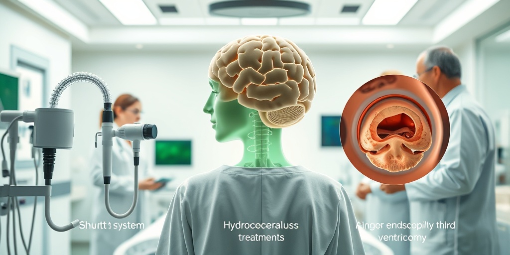 A modern hospital room displaying treatment options for hydrocephalus, with medical professionals discussing plans.  4.png