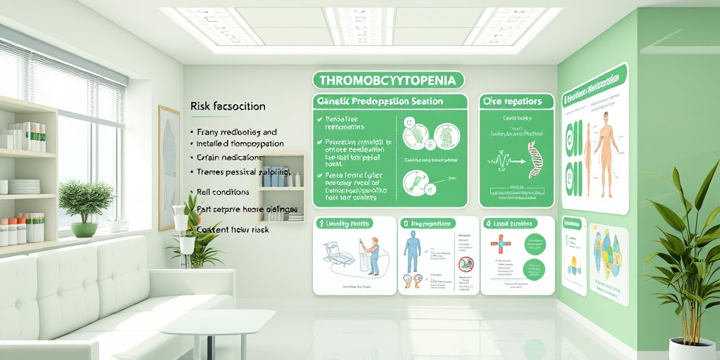 A modern medical office illustrates risk factors for thrombocytopenia, featuring educational charts and a calming decor.3.png