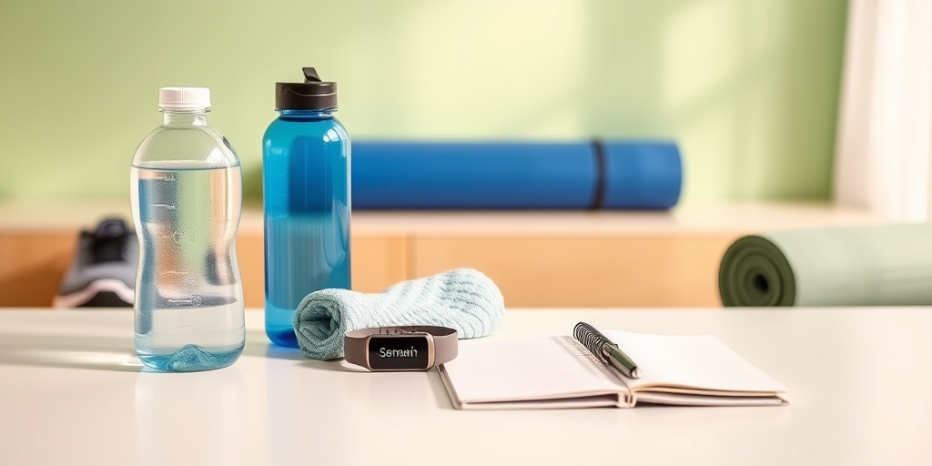 A modern table displays workout essentials like a water bottle, towel, and fitness tracker, promoting effective preparation.2.png