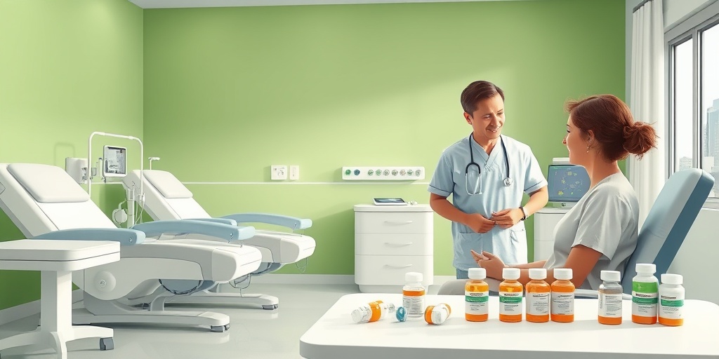 A modern treatment room displays chemotherapy chairs and medications, with a hopeful patient discussing plans with a healthcare professional. 4.png