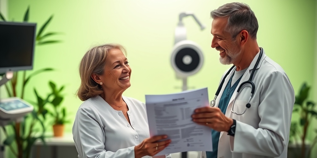 A patient expresses relief as a healthcare provider shares positive news about early detection benefits in a warmly lit room. 2.png