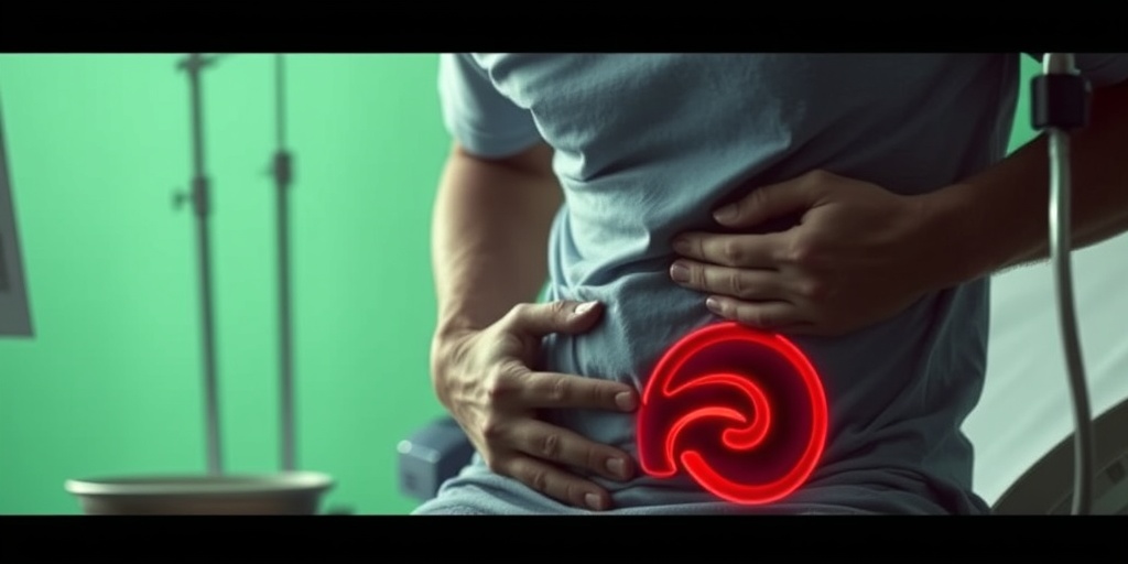 A patient in a clinical setting, expressing abdominal pain with a hand on their stomach, surrounded by medical equipment.  2.png