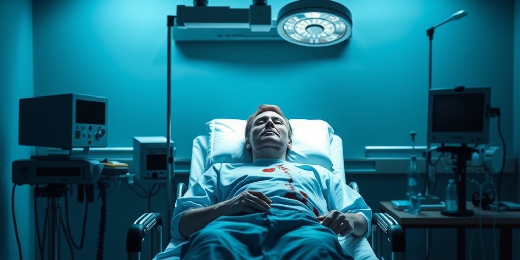 A patient receives care for severe bleeding in a hospital, capturing the urgency and compassion of the medical staff.5.png