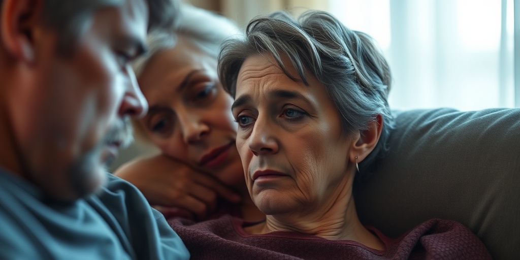 A patient shows fatigue and pallor, surrounded by family in a softly lit room, evoking empathy and support.2.png