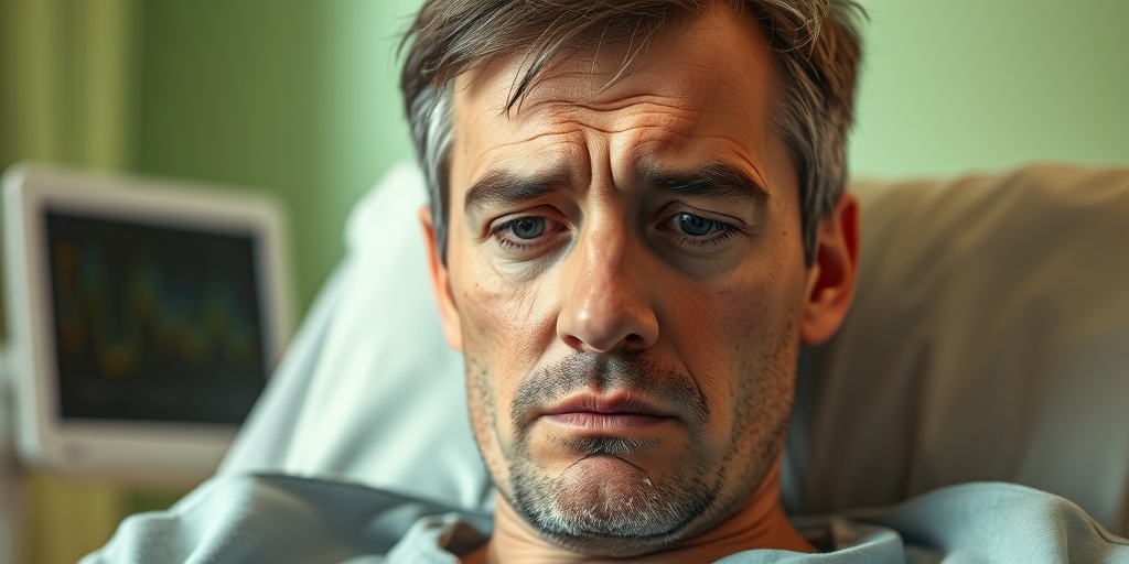 A patient shows symptoms of Cryptococcic Meningitis, seated in a clinical setting with a worried expression and soft green tones.  2.png