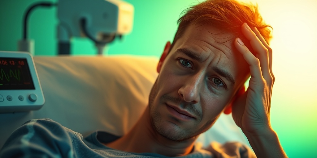 A patient with fever and headache in a clinical setting, expressing concern amidst warm, inviting lighting.2.png