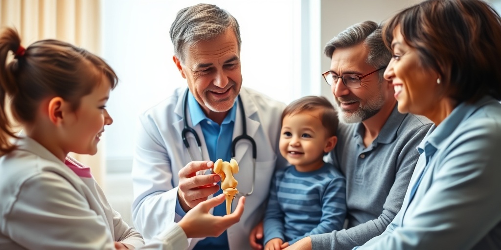 A pediatric rheumatologist explains treatment options to a young patient and parent, fostering a supportive clinic atmosphere.4.png