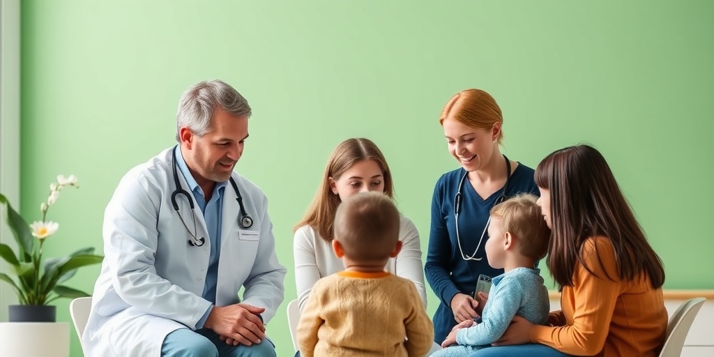 A pediatrician and therapists collaborating on a treatment plan in a modern clinic, promoting healing and care.  4.png