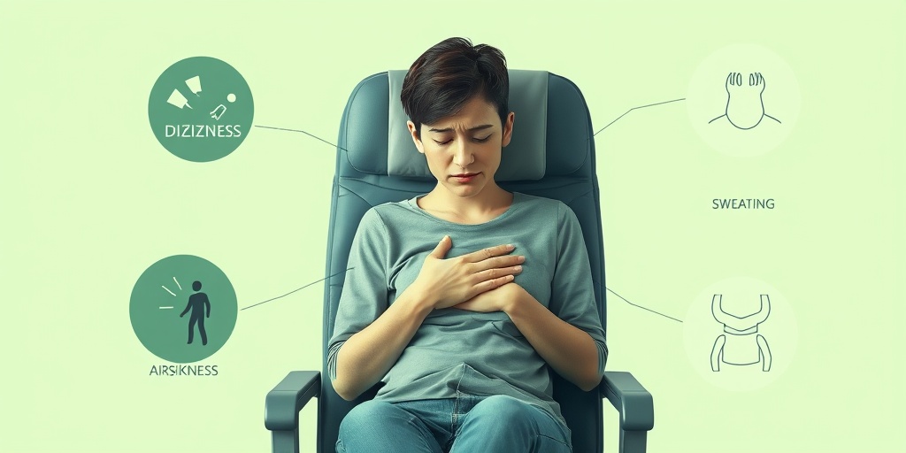 A person clutches their stomach in an airplane seat, visual symptoms of nausea and dizziness overlaying a serene green background.  2.png