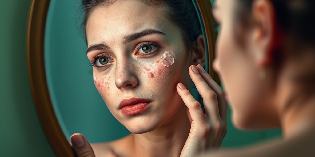 A person examines their skin in a mirror, highlighting redness and swelling, with soft light enhancing their emotional expression.  2.png