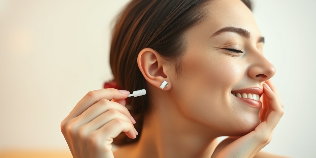 A person gently cleaning their newly pierced ear, emphasizing hygiene and care in a serene, warm-lit environment. 3.png