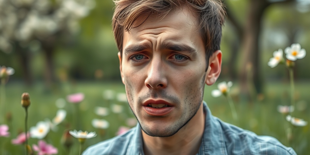 A person in a park struggles with allergy symptoms, highlighting the discomfort of sneezing and watery eyes amidst flowers.  3.png