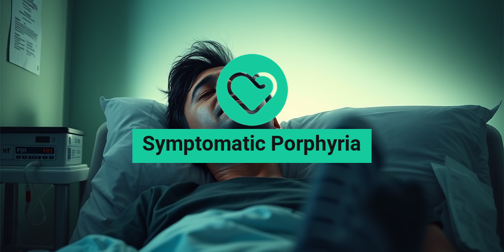 A person in a softly lit room shows a pained expression during a porphyria attack, surrounded by medical paraphernalia. • Yesil Health AI