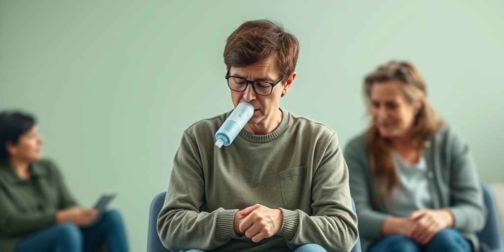 A person managing Primary Ciliary Dyskinesia, using a nebulizer and participating in a support group, symbolizing resilience and community.5.png