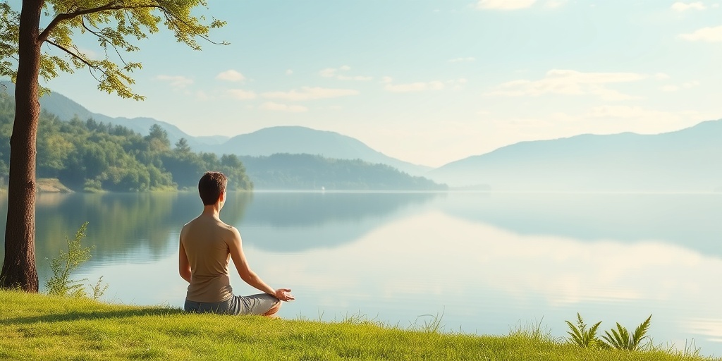 A person meditates by a tranquil lake, surrounded by nature, emphasizing mindfulness and mental well-being for weight management.  5.png