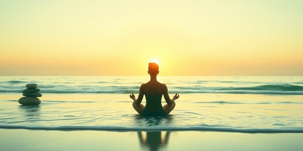 A person meditates on a tranquil beach at sunrise, surrounded by symbols of mindfulness and gentle ocean waves.  5.png