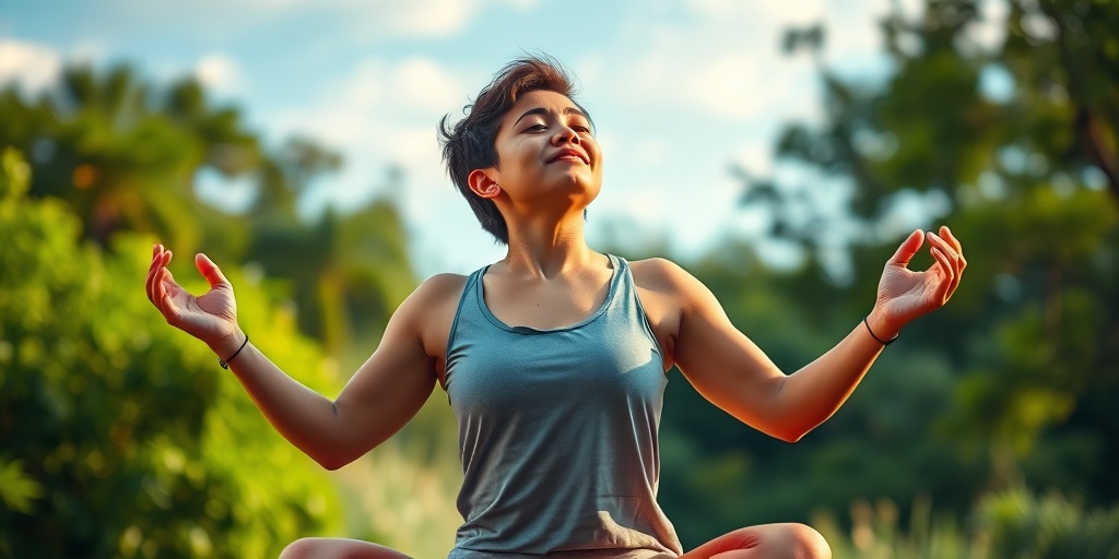 A person practices yoga outdoors, embodying resilience and health management while surrounded by lush greenery and soft blue skies.  5.png