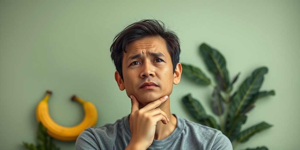 A person reflects on potassium deficiency, surrounded by bananas and leafy greens, in a serene green and blue environment emphasizing health.3.png