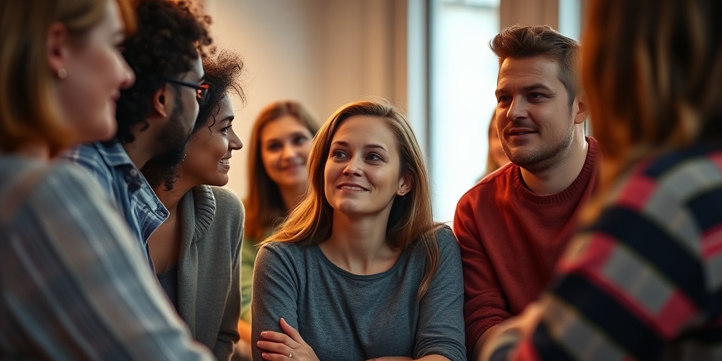 A person shares experiences in a support group, surrounded by empathetic peers in a warm, encouraging atmosphere.5.png